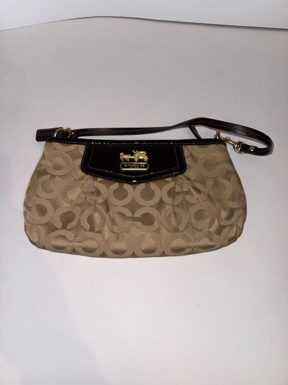 Coach Beige Signature Logo Wristlet with Brown Leather Trim